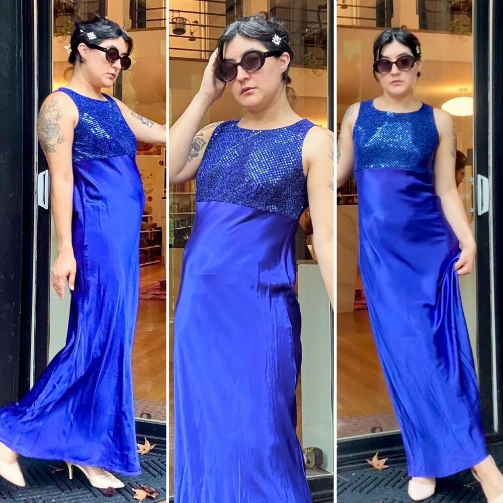 SHOWGIRL ✨ VNTG 80s ‘ALL THAT JAZZ’ royal blue maxi dress - w/ shiny sequins!